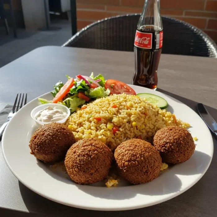 5 Pcs Falafel With Rice, Salad & Soda - Image 1