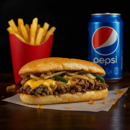 Philly Cheese Steak Sub W Fries And Soda