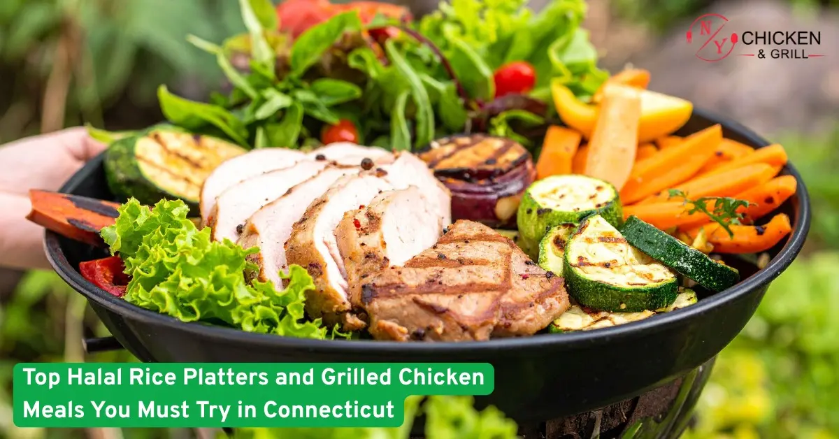 Grilled halal chicken with rice platter, fresh vegetables and colorful salads served as a healthy halal meal in Connecticut US