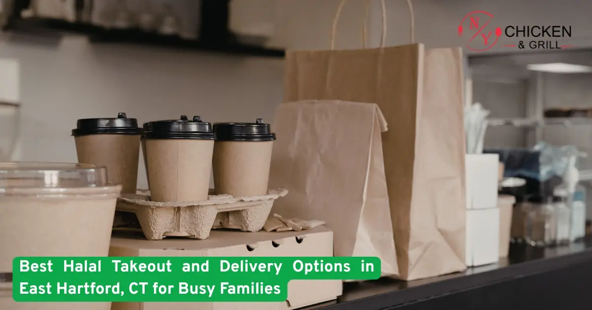 Halal takeout and delivery packaging with coffee cups and paper bags prepared for busy families in East Hartford Connecticut