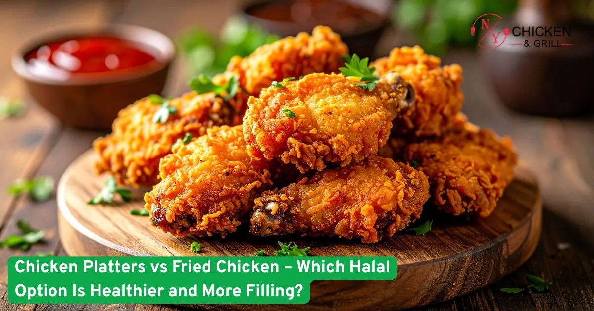 Crispy fried halal chicken pieces on wooden board with dipping sauce, comparing chicken platters and fried chicken options.