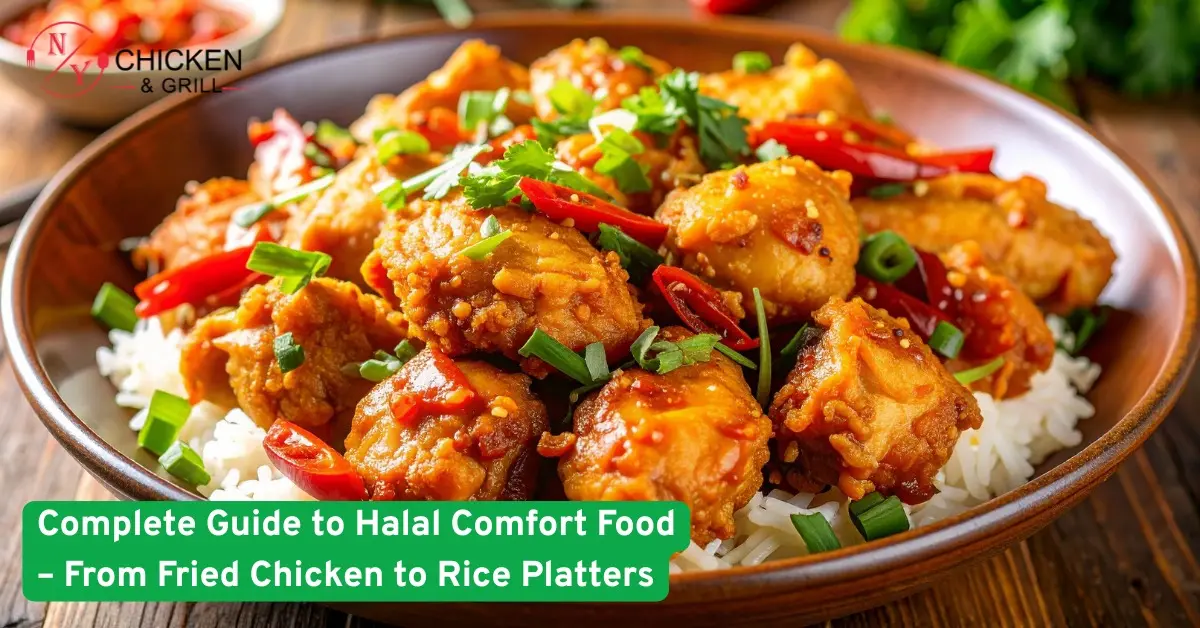 Halal fried chicken comfort food over rice with peppers and herbs, showcasing crispy, flavorful halal cuisine in a hearty bowl